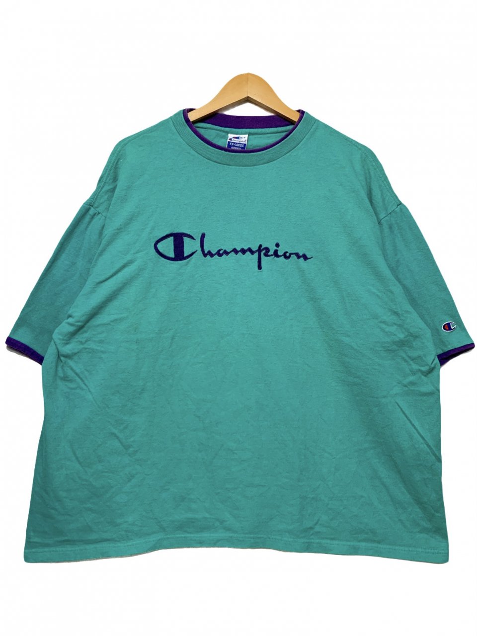 USA製 90s Champion Script Logo S/S Tee エメラルド紫 XXL 