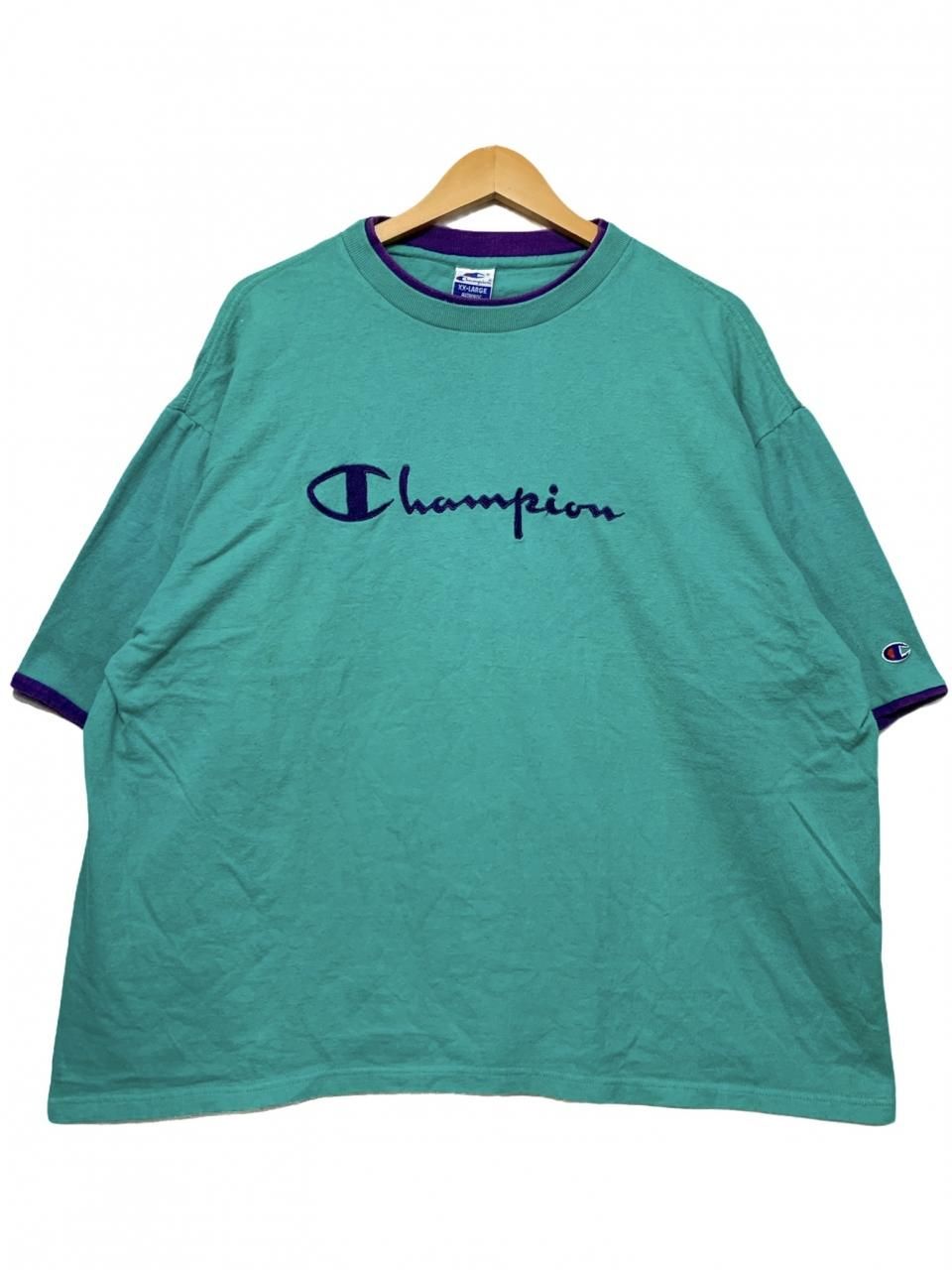 USA製 90s Champion Script Logo S/S Tee エメラルド紫 XXL