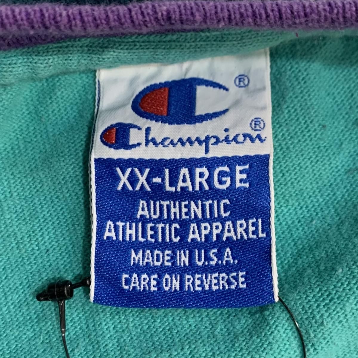 USA製 90s Champion Script Logo S/S Tee エメラルド紫 XXL