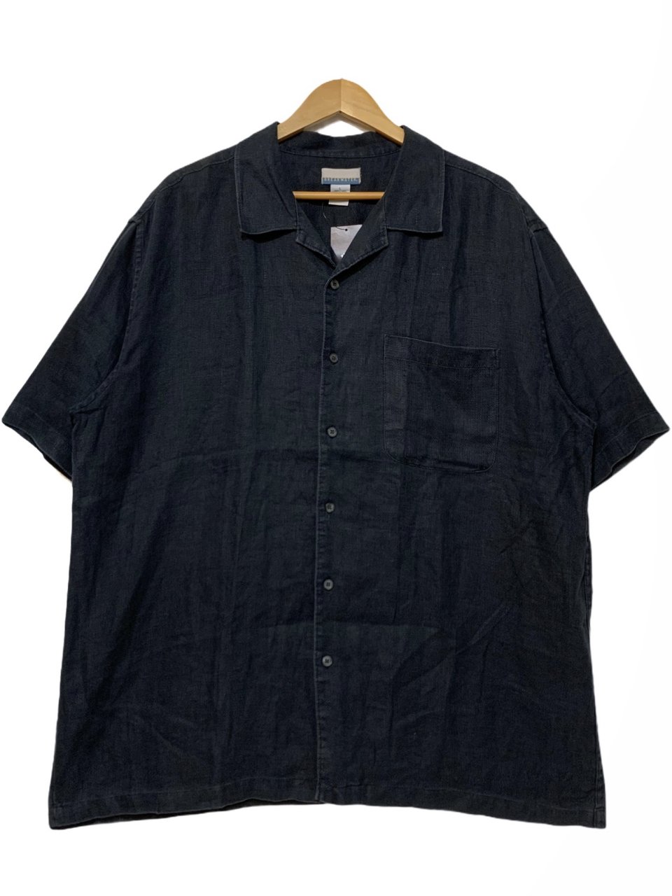 90s BREAKWATER Linen Open Collar S/S Shirt 黒 L 半袖 開襟シャツ 