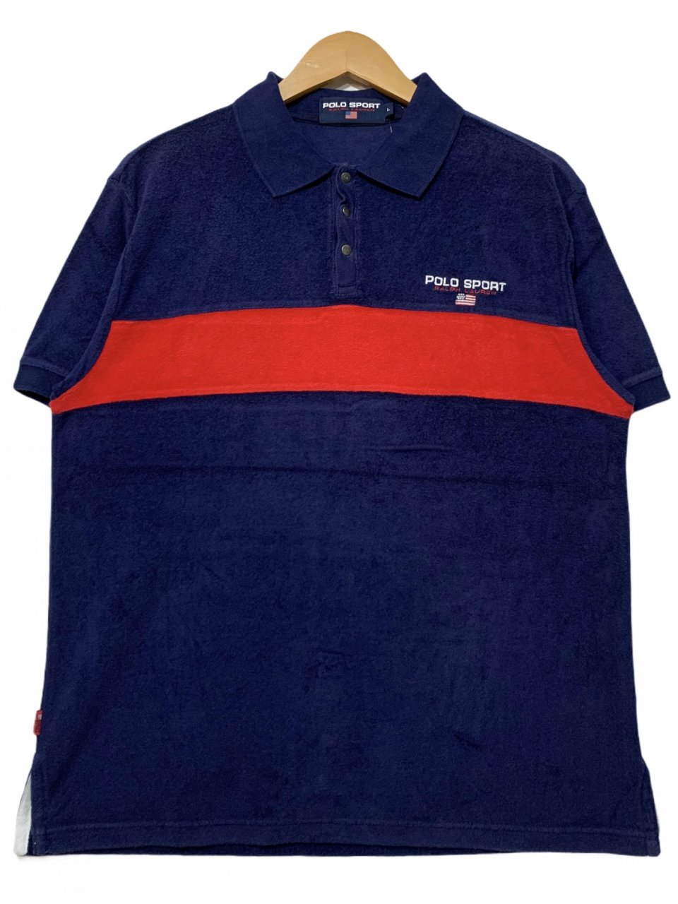 90s POLO SPORT Logo Velour S/S Polo Shirt 紺赤 L ポロ