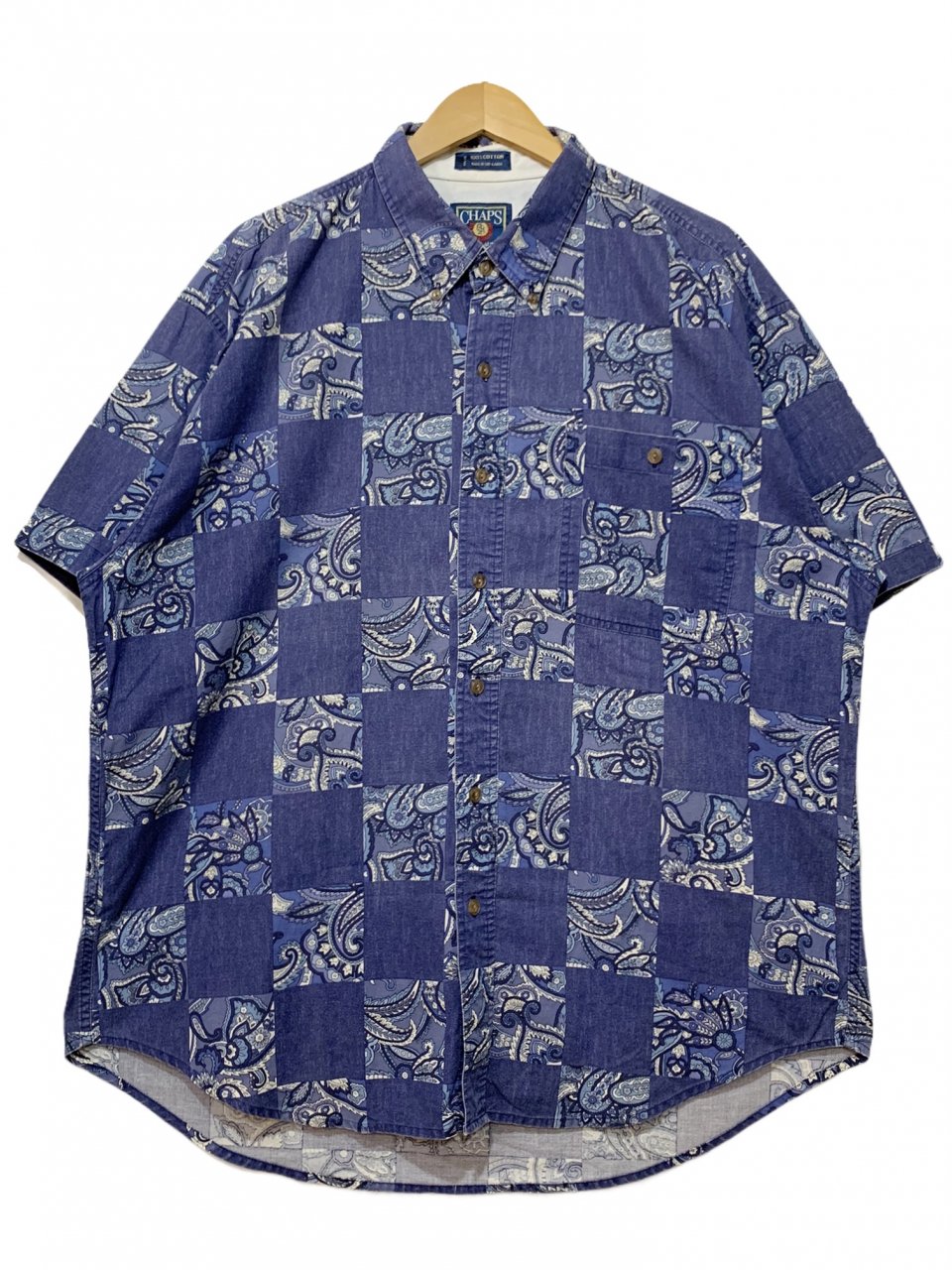 80s CHAPS Paisley Patchwork BD S/S Shirt 紺 XL チャップス 半袖
