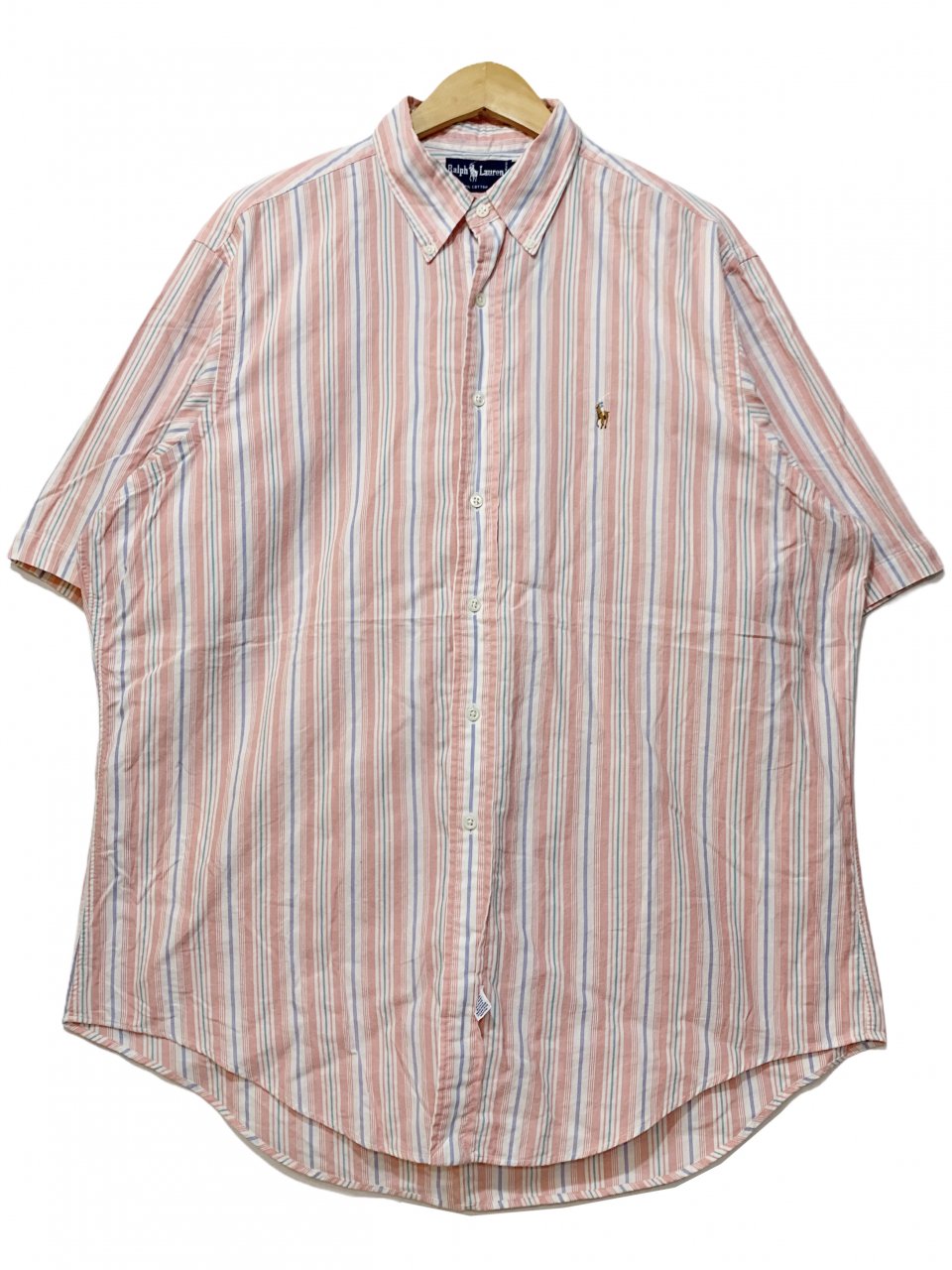 90s Polo Ralph Lauren Stripe Cotton BD S/S Shirt ピンク XL ポロラルフローレン 半袖 シャツ  ストライプ ボタンダウン ポニー マルチカラー 古着 - NEWJOKE ONLINE STORE