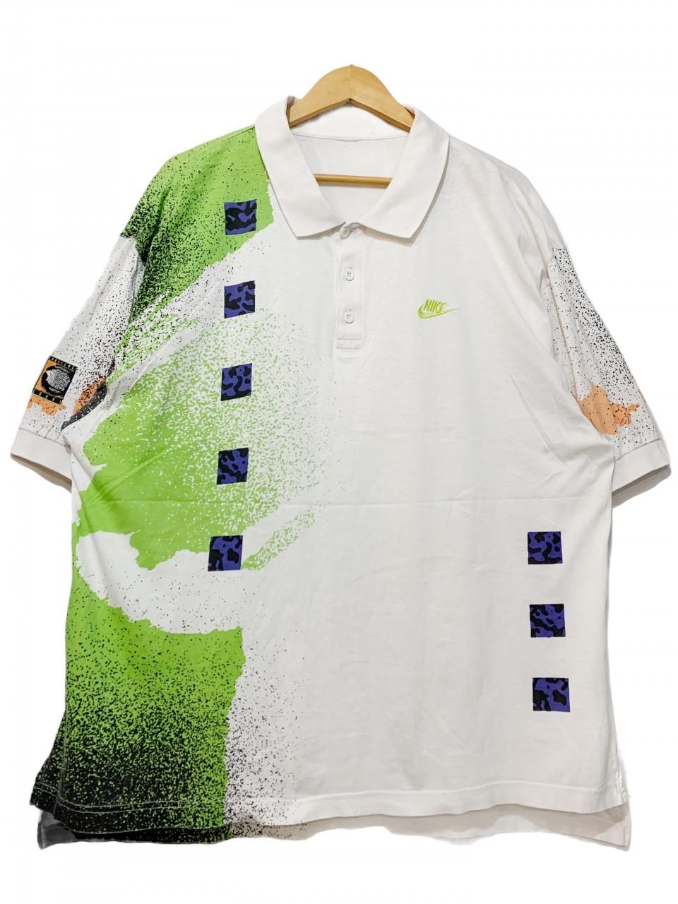 90s NIKE CHALLENGE COURT S/S Polo Shirt 白 XL ナイキ チャレンジコート 半袖 ポロシャツ 総柄  プリント テニス ホワイト 古着 - NEWJOKE ONLINE STORE