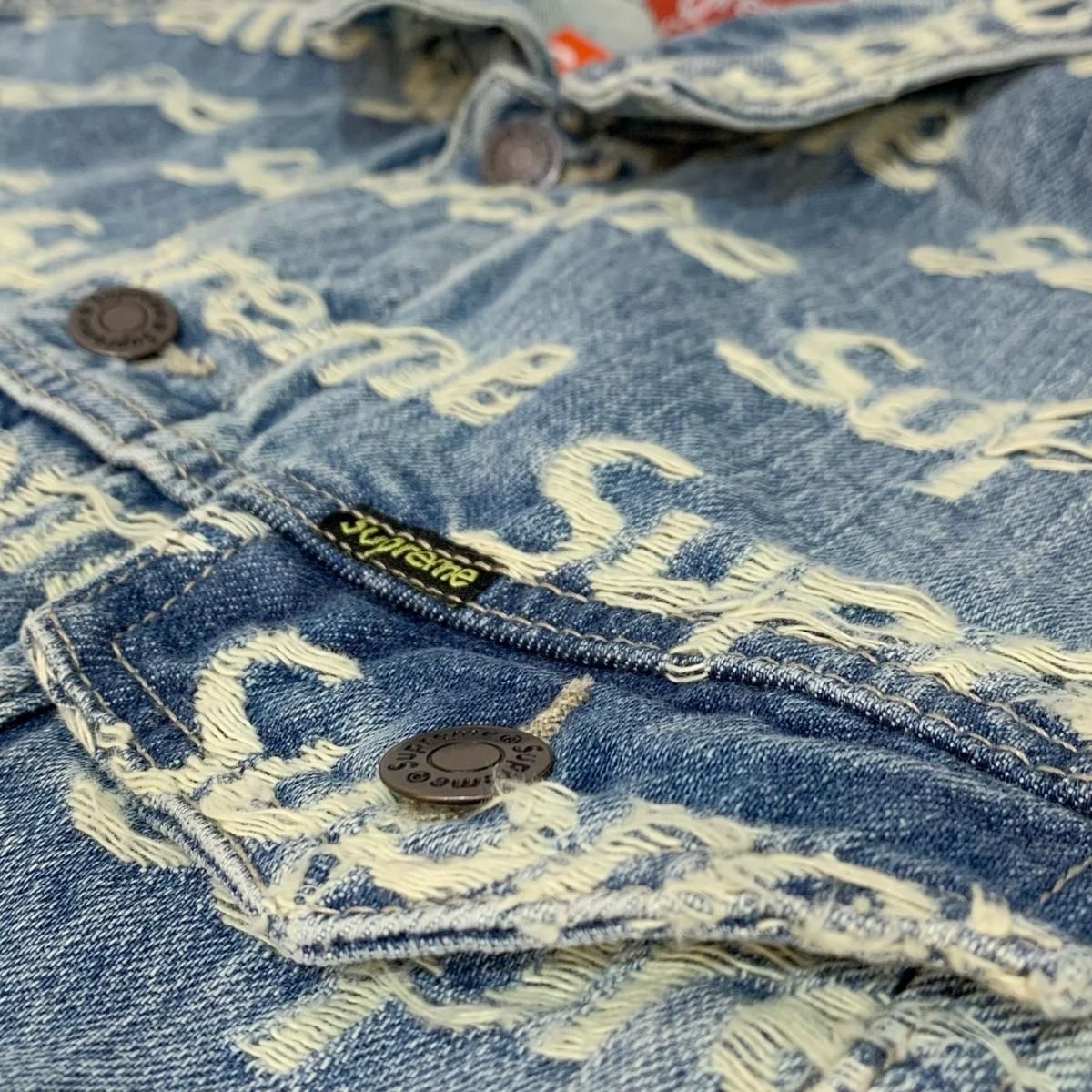 新品 21SS SUPREME Frayed Logos Denim Trucker Jacket 青 L 新品 21SS SUPREME Frayed Logos Denim Trucker Jacket 青 L
