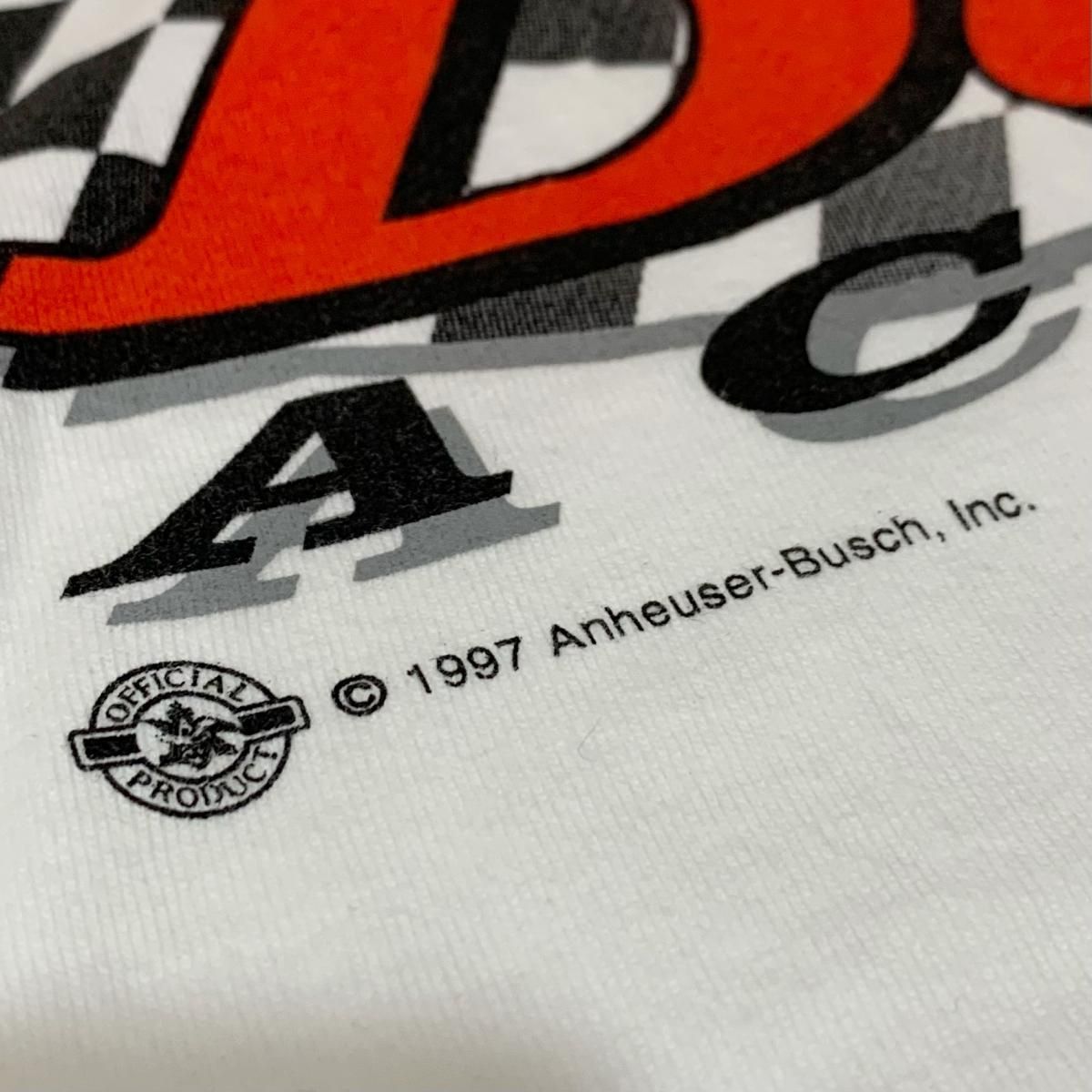 希少　入手困難　⾼岡周策　Budweiser バドワイザー　ジクレープリント 97年 Budweiser Racing Print S/S Tee 白 L 90s バドワイザー