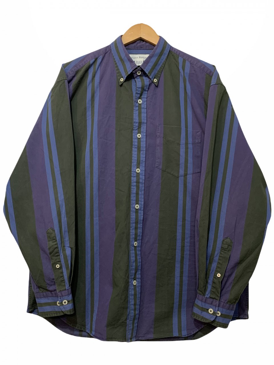 90s BANANA REPUBLIC Stripe BD L/S Shirt 紺紫オリーブ L バナナリ