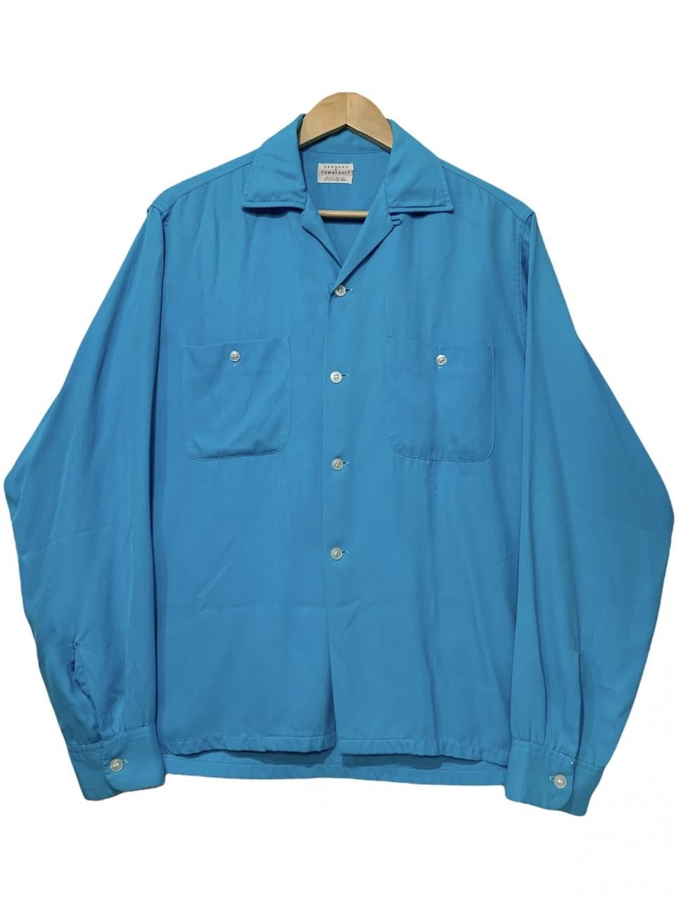 50s TOWNCRAFT Rayon Open Collar L/S Shirt 水色 M タウンクラフト