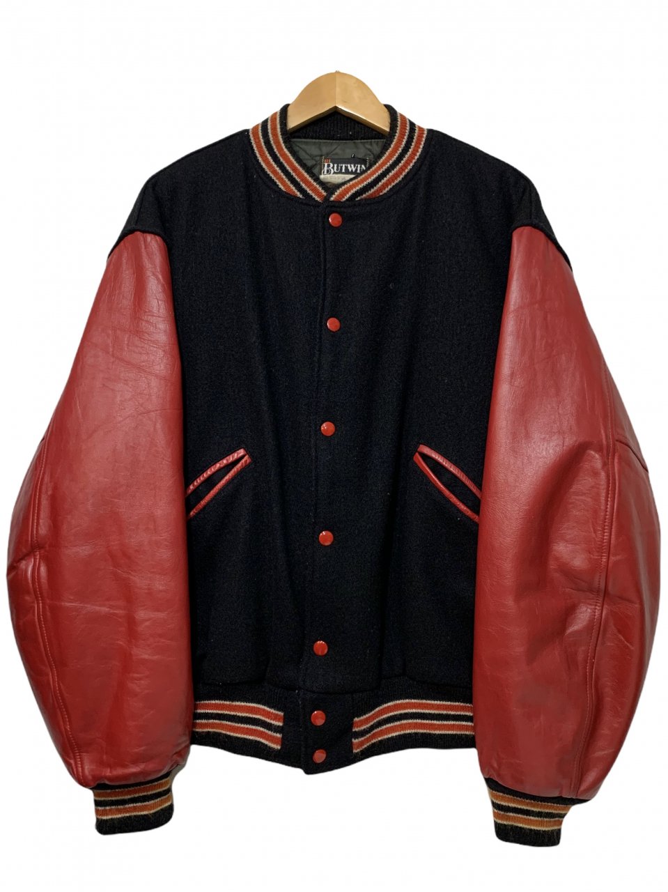USA製 80s BUTWIN Wool Leather Varsity Jacket 黒赤 46 バトウィン
