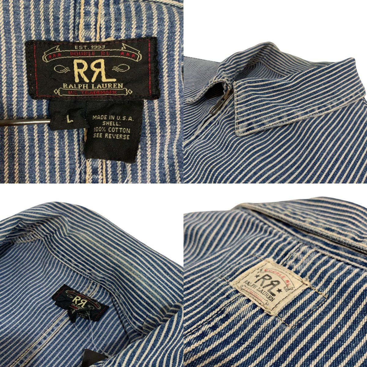 USA製 90s RRL Hickory Stripe Cotton Work Jacket 紺 L 三ツ星タグ 