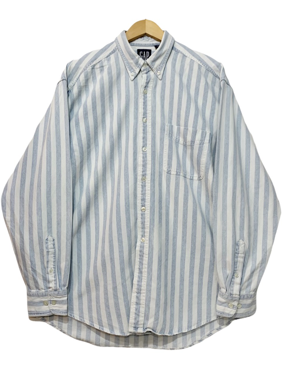90s OLD GAP Denim Stripe BD L/S Shirt 青白 L オールドギャップ 長袖 