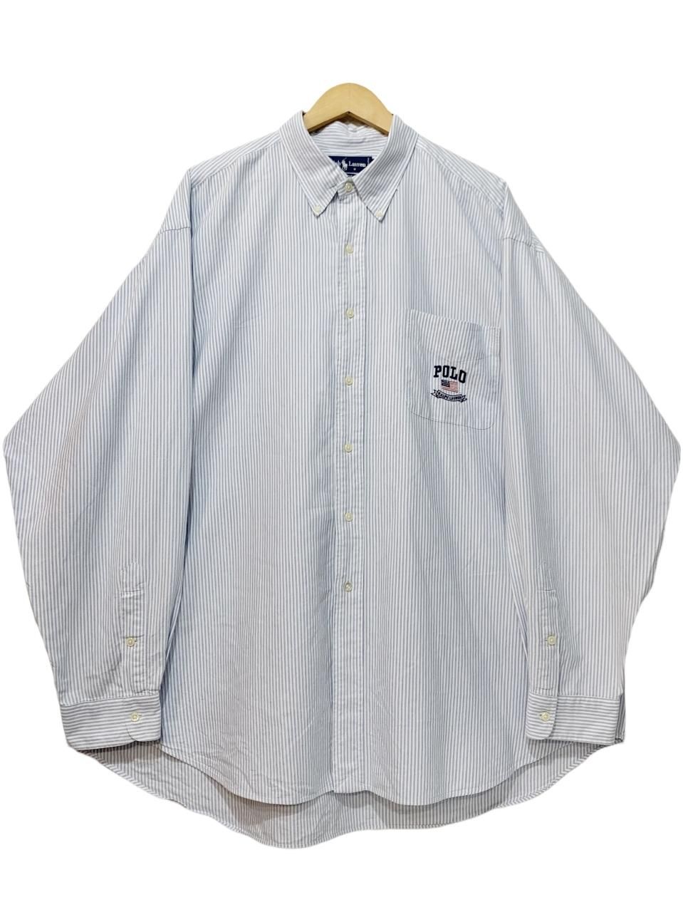 90s Polo Ralph Lauren BLAIRE Stripe Cotton BD L/S Shirt 青白 XXL ポロラルフローレン  長袖シャツ ストライプ ボタンダウン 星条旗 - NEWJOKE ONLINE STORE