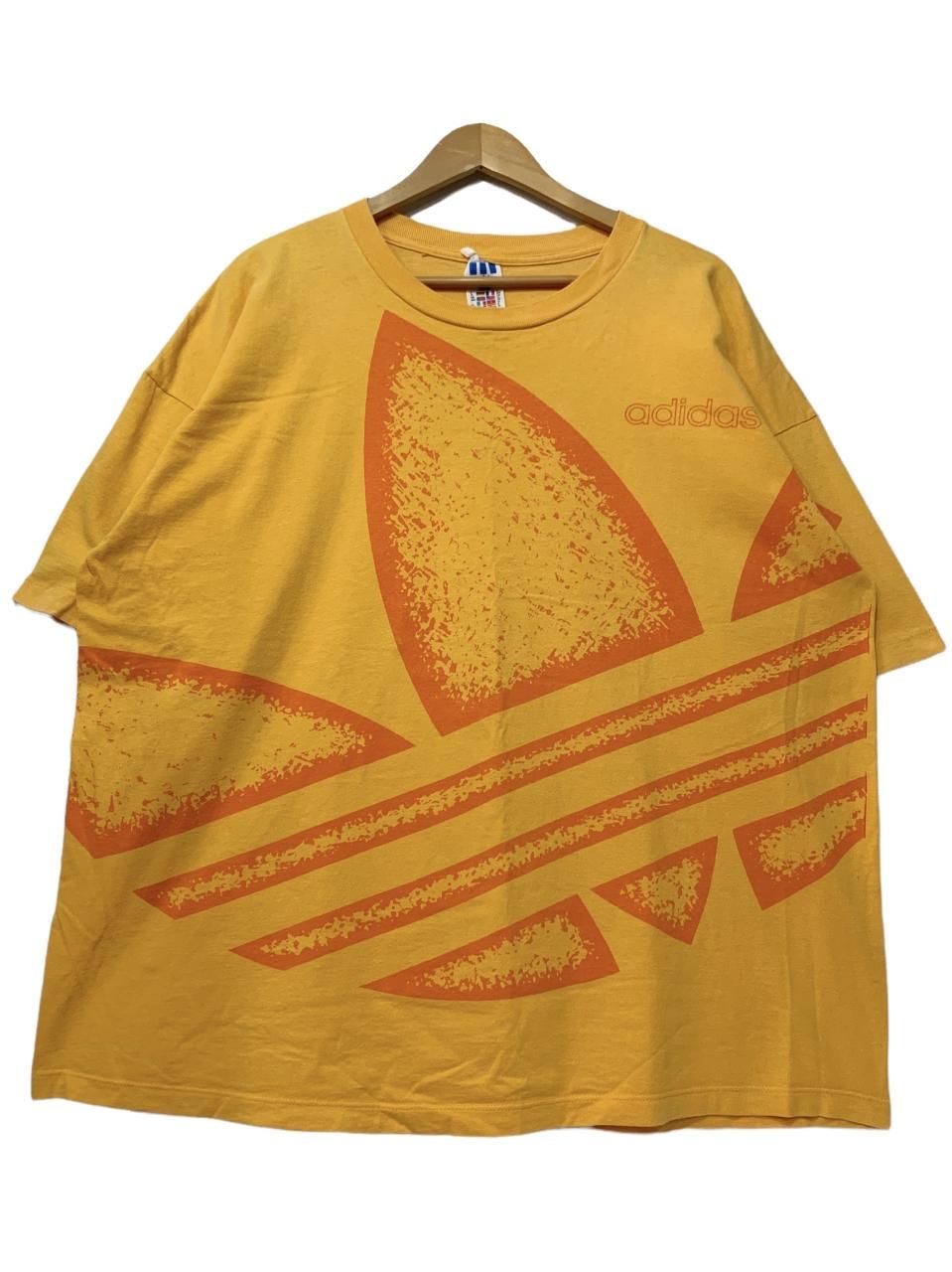 USA製 90s adidas Logo Over Print S/S Tee 黄オレンジ XL アディダス 半袖 Tシャツ トレフォイル ロゴ  大判プリント イエロー 古着 - NEWJOKE ONLINE STORE