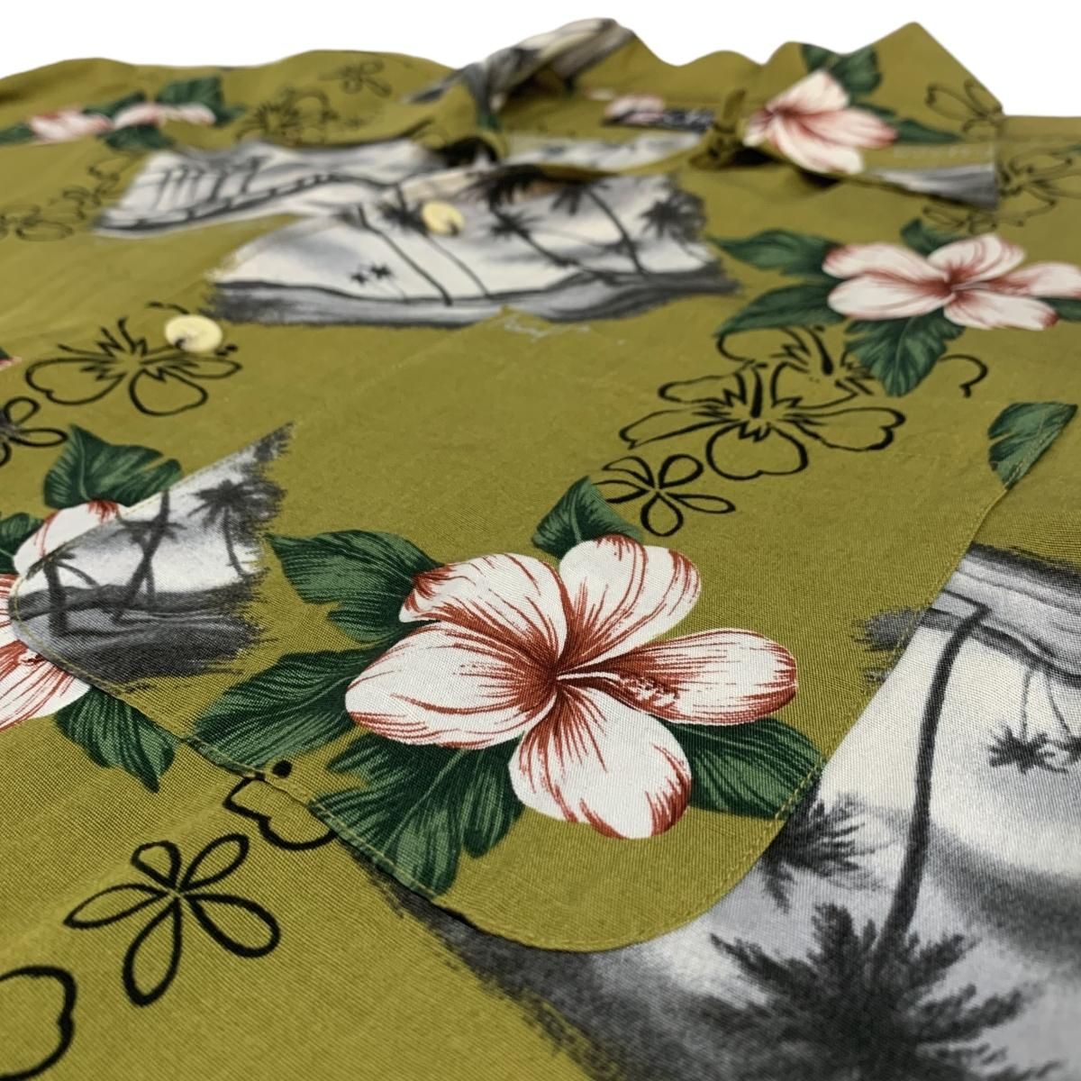 90s CHAPS Rayon Linen Aloha Shirt オリーブ L チャップス 半袖