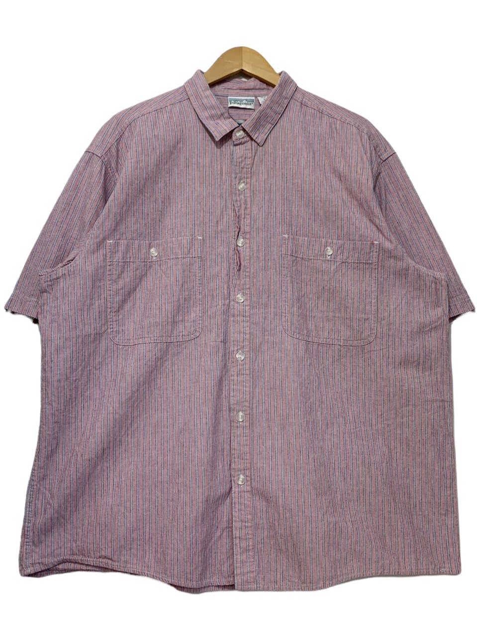 91年製 patagonia Cotton Stripe S/S Shirt ピンク青 XL 90s 白タグ 