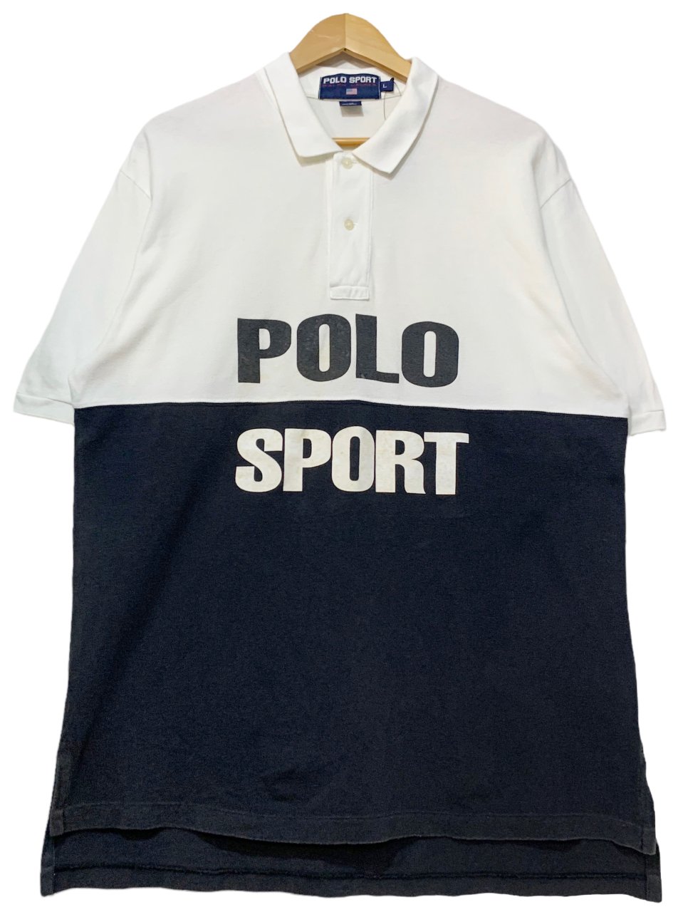 90s POLO SPORT Logo S/S Polo Shirt 白黒 L ポロスポーツ 半袖 ポロシャツ Ralph Lauren  ラルフローレン ブラック ホワイト 古着 - NEWJOKE ONLINE STORE