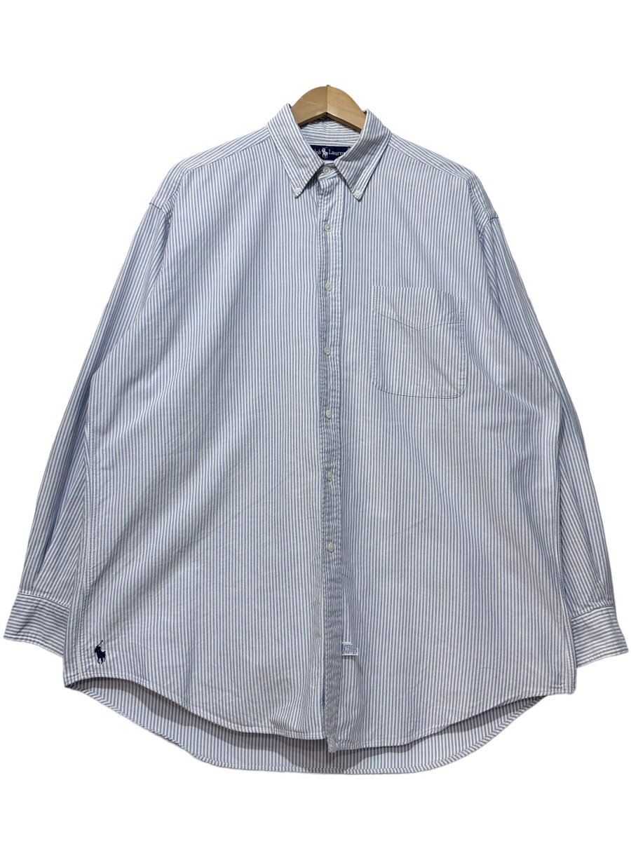90sヴィンテージ　ラルフローレンカラーポロ刺繍ストライプBDシャツ　白青系
