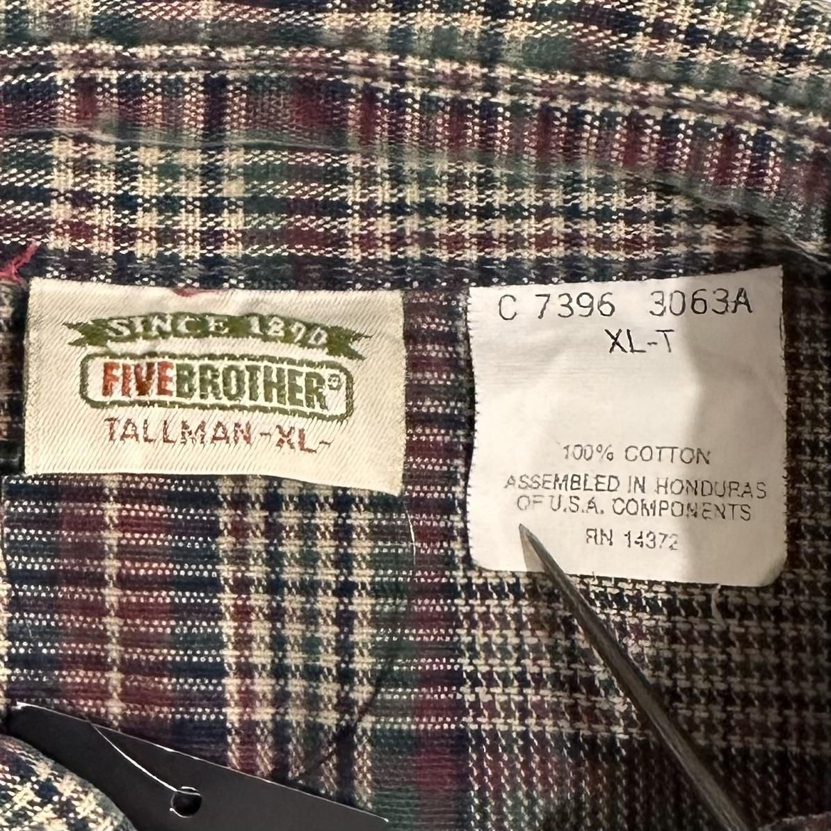 90s FIVE BROTHER Check Flannel L/S Shirt エンジ茶緑 XL-TALL
