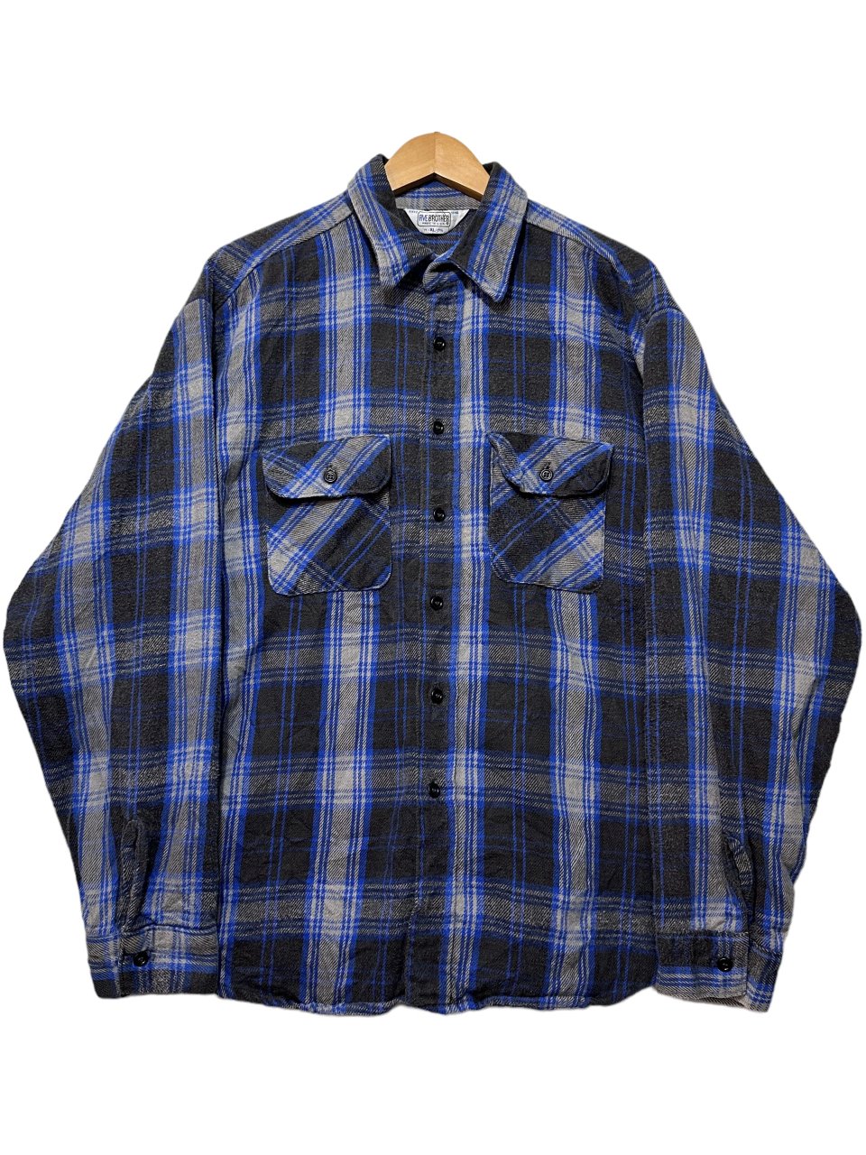 USA製 70s~80s FIVE BROTHER Check Flannel L/S Shirt 青黒灰 XL