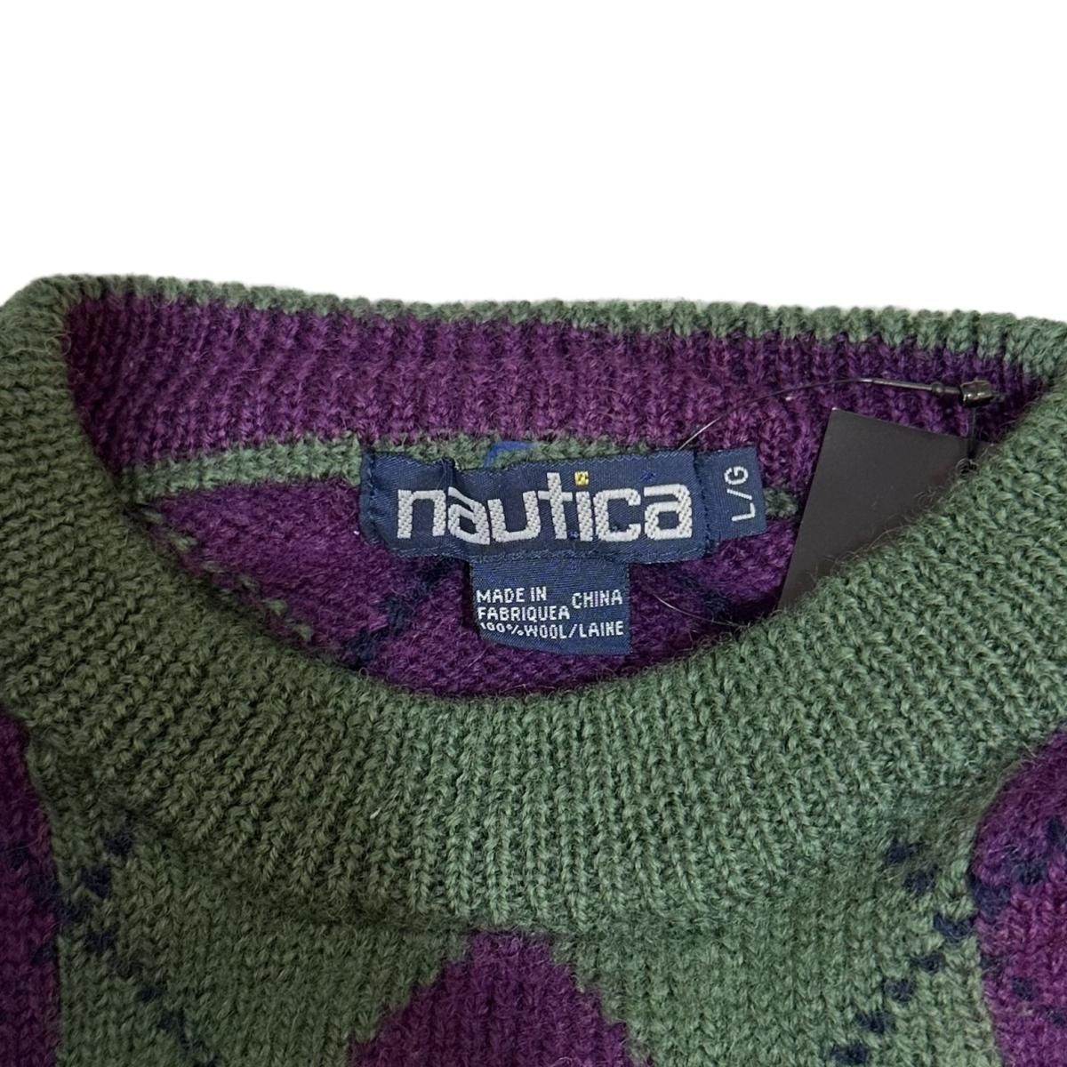 90s NAUTICA Argyle Pattern Wool Knit 緑紫 L ノーティカ 90s NAUTICA Argyle Pattern Wool Knit 緑紫 L ノーティカ