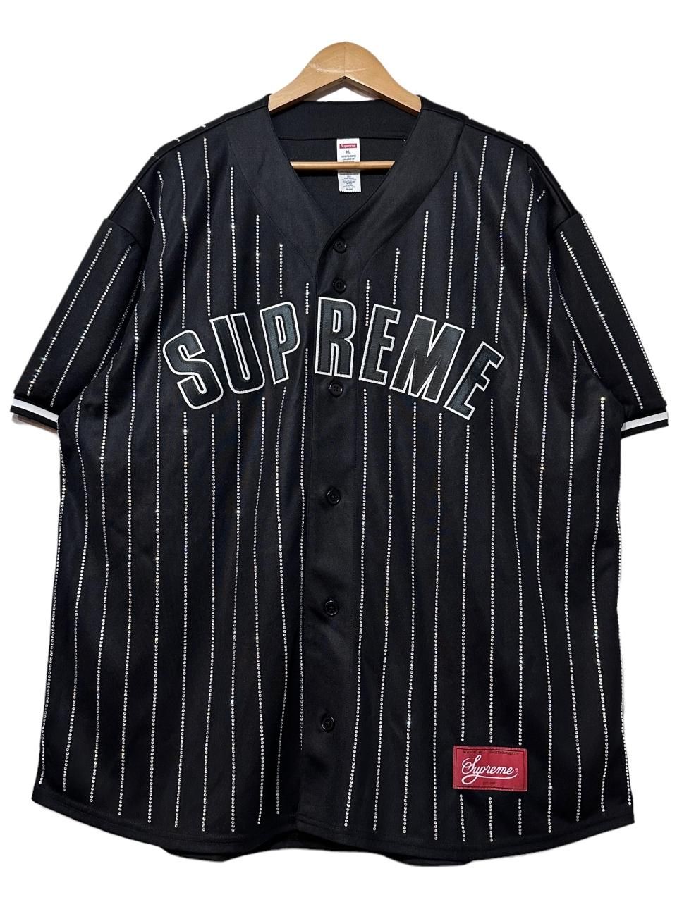 22SS SUPREME Rhinestone Stripe Baseball Jersey 黒 XL シュプリーム