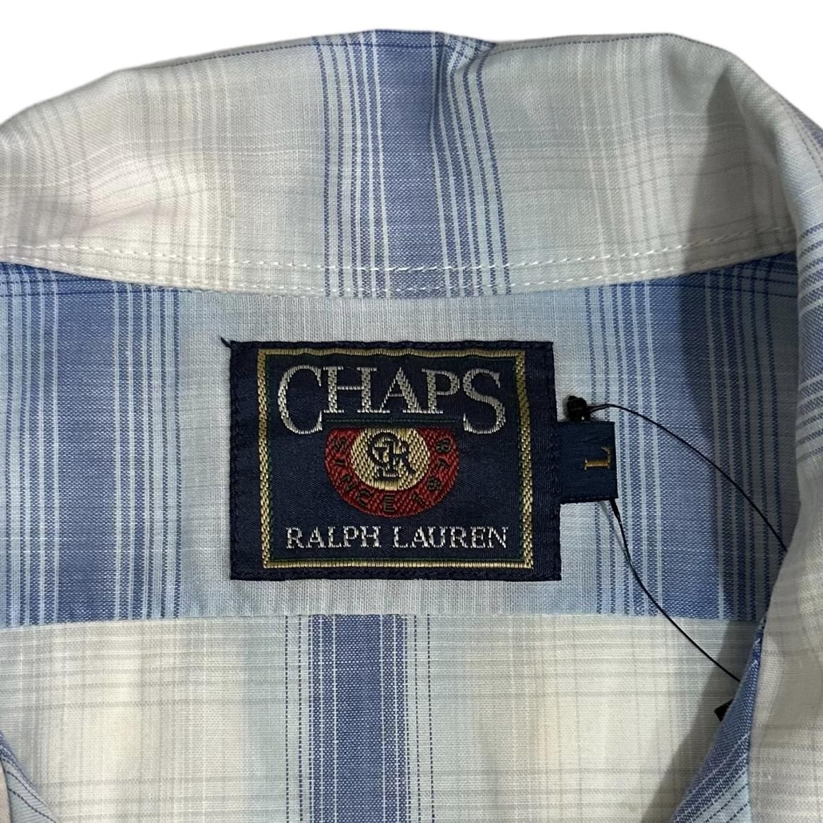 80s CHAPS Ombre Check Open Collar S/S Shirt 青 L チャップス