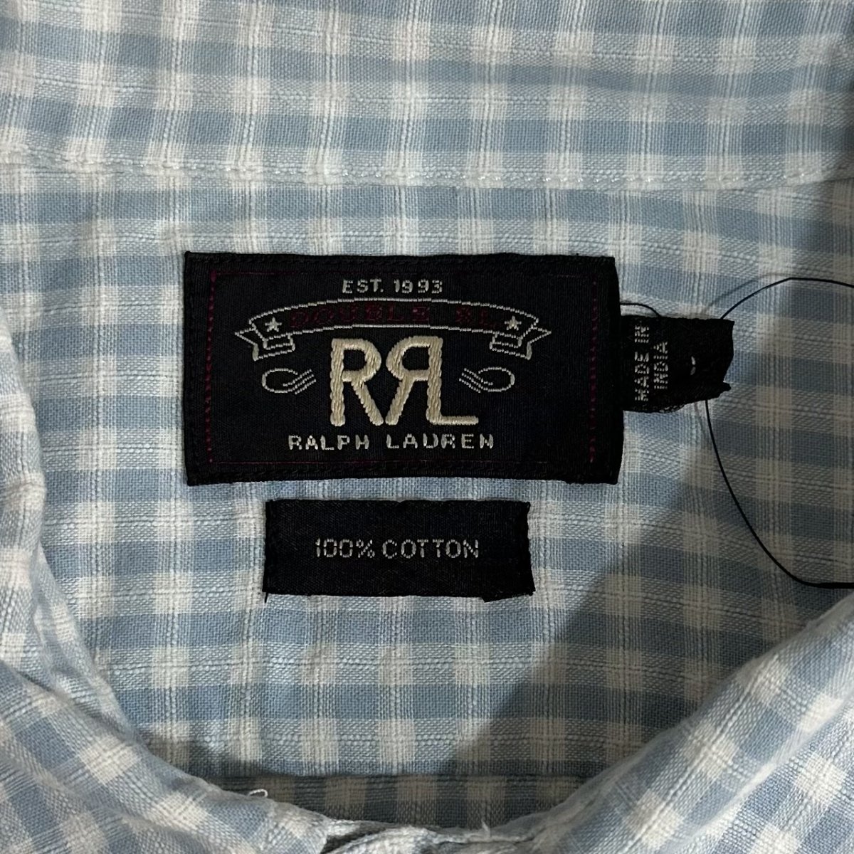 00s RRL Check Cotton S/S Shirt 水色白 L ダブルアールエル 半袖