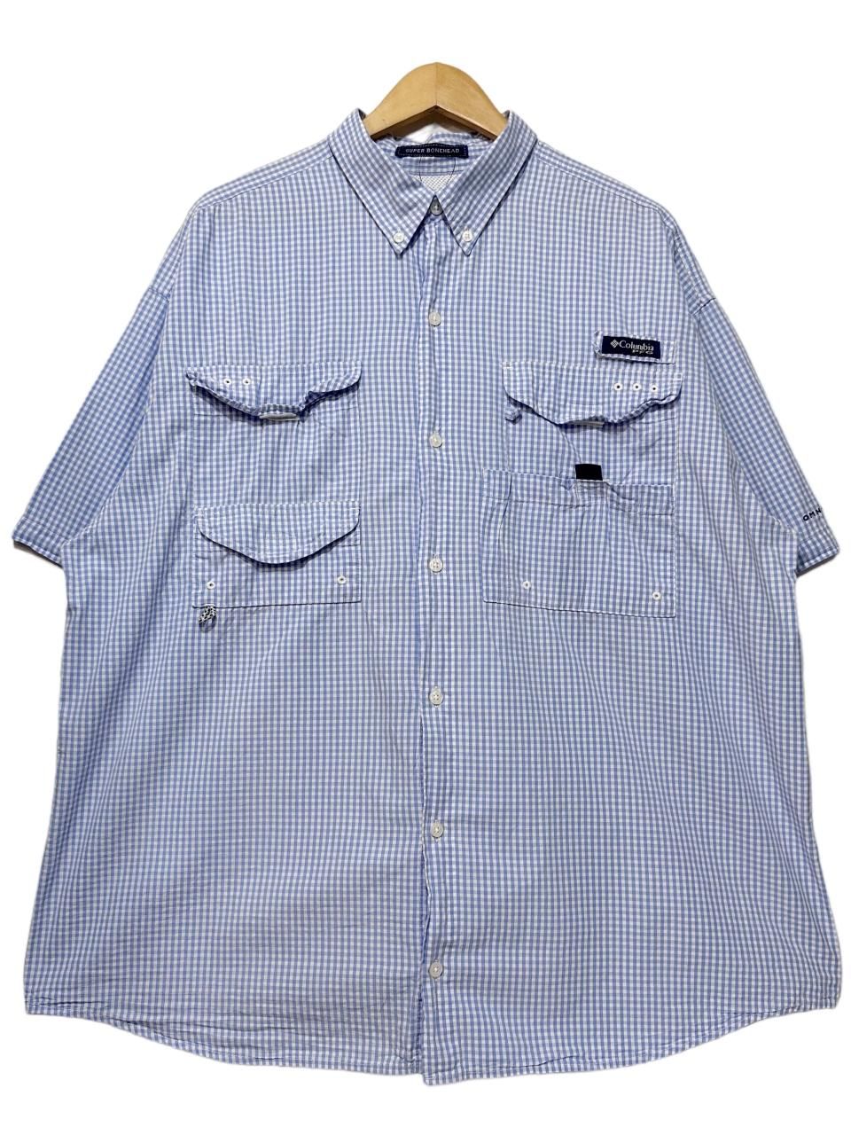 Columbia PFG Check Fishing S/S Shirt 水色白 XL コロンビア 半袖