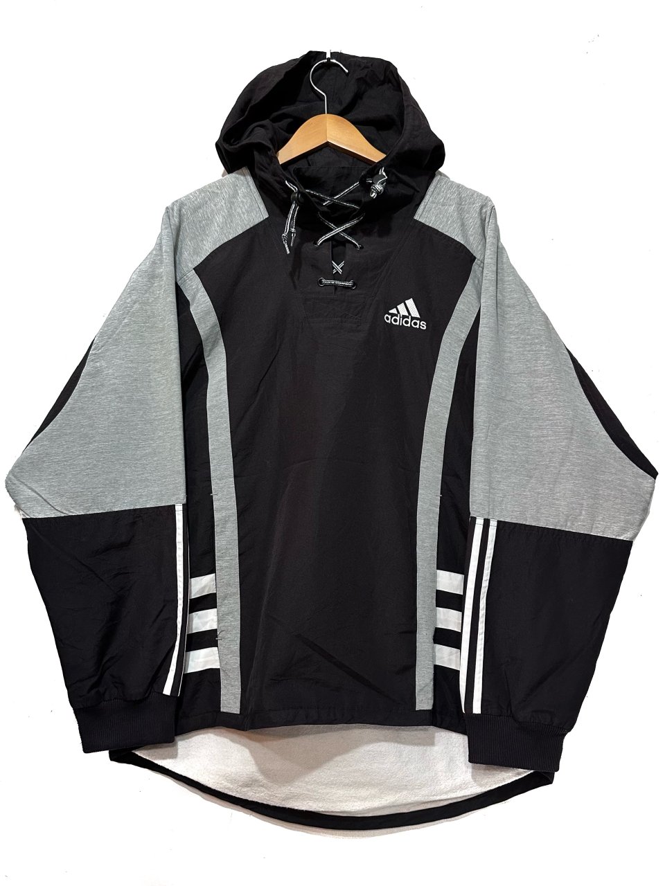 90s adidas Lace Up Pullover Hoodie 黒灰 L アディダス ナイロン 