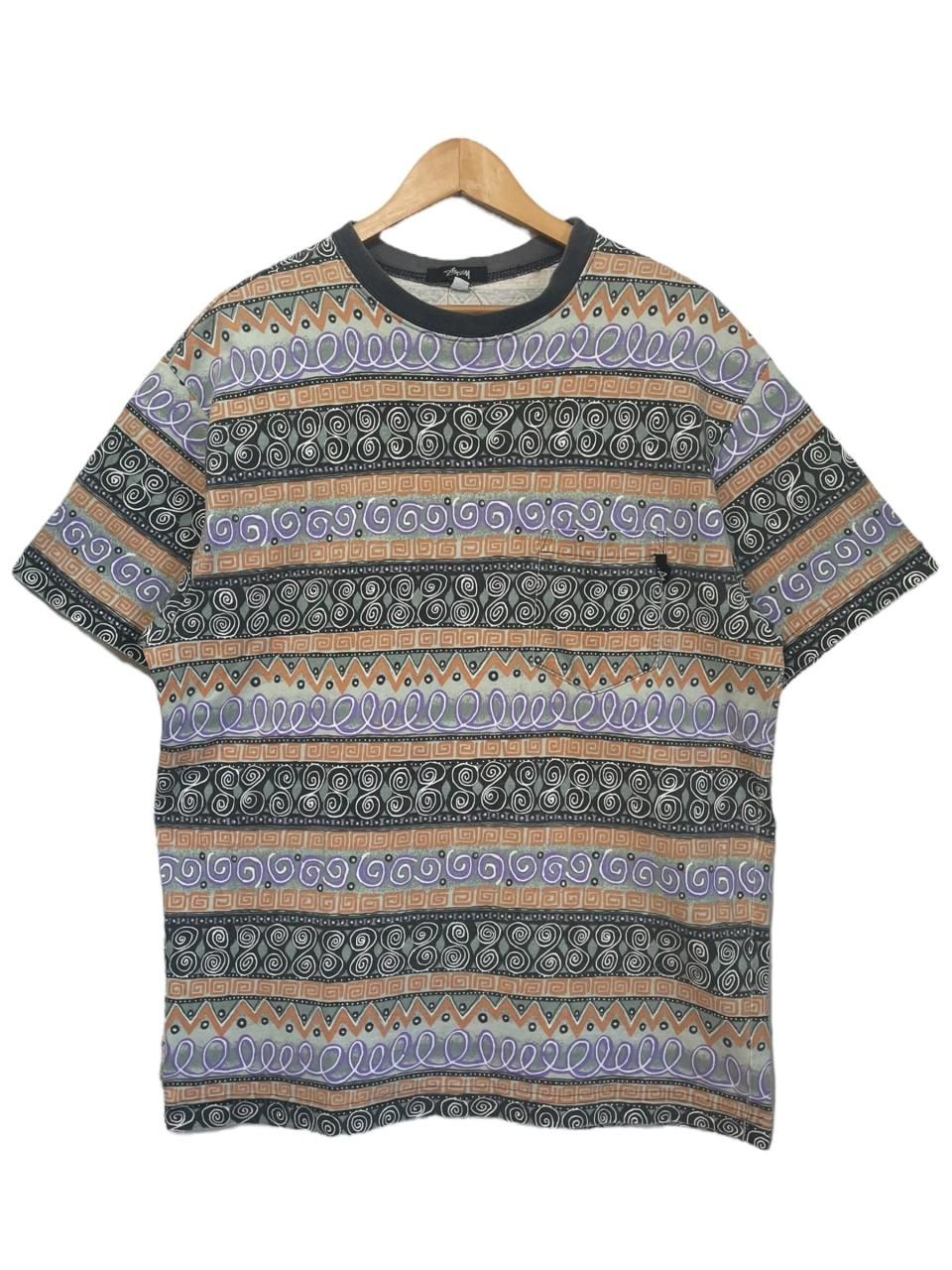 USA製 80s OLD STUSSY Border Pocket S/S Tee 総柄 L 黒タグ USA製 80s OLD STUSSY Border Pocket S/S Tee 総柄 L 黒タグ