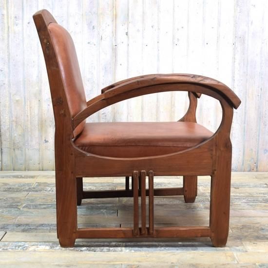 アンティークチーク＆レザー 1人掛けソファ - アンティーク家具