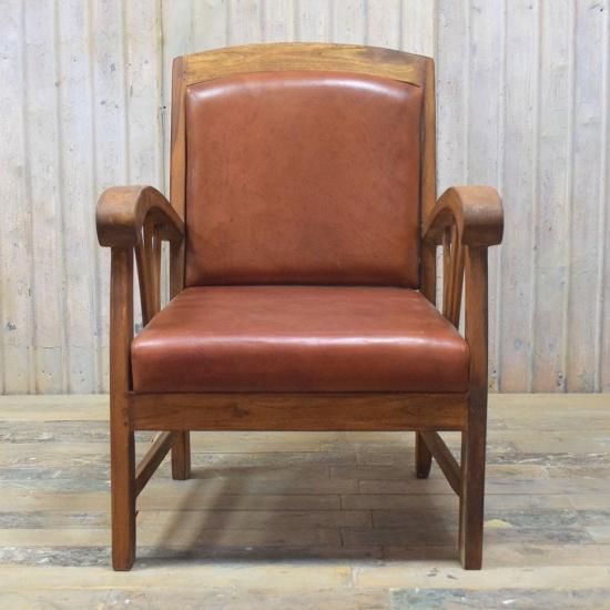 イギリスアンティーク チーク材 1人掛けソファ アンティークチーク＆レザー 1人掛けソファ - アンティーク家具