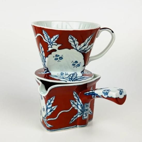 陶祥窯 蓋物 一閑人 赤・青 柘榴絵 陶器製 保存容器 2点セット
