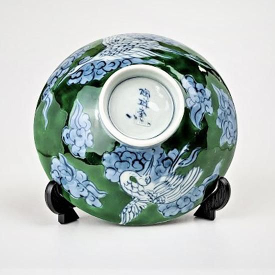 緑色 鶴模様 茶碗 緑色 鶴模様 茶碗