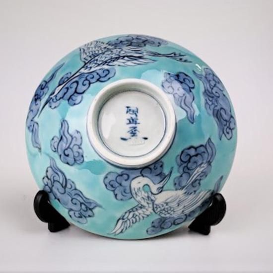 緑色 鶴模様 茶碗