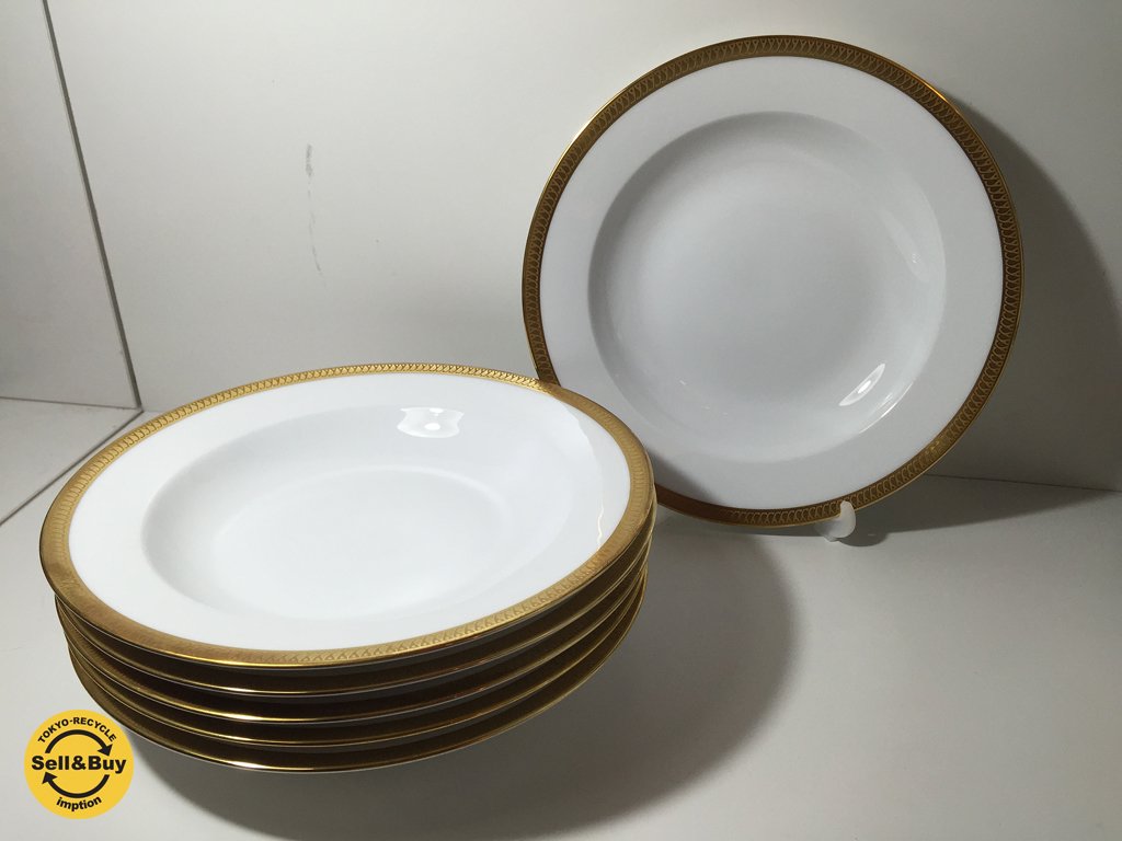 大倉陶園 OKURA 片葉金蝕 白磁 スープ皿 22cm 6枚セット ◎