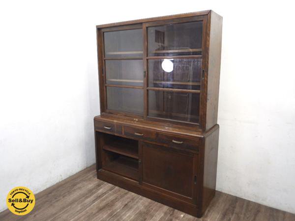 昭和レトロ 日本の古い食器棚 カップボード 書棚 飾り棚 ○