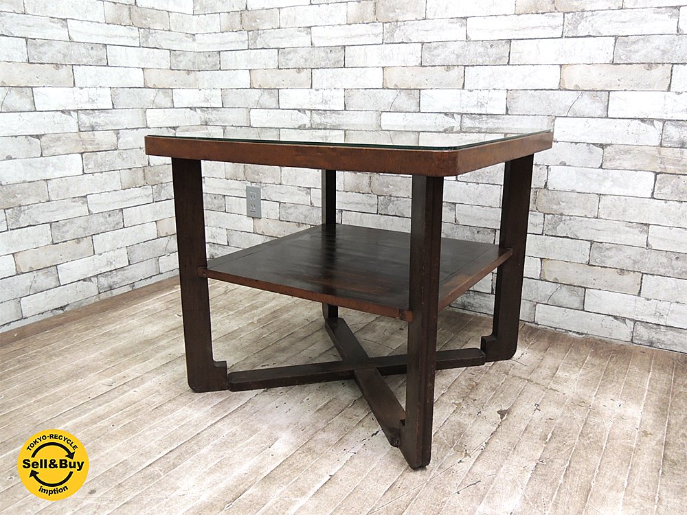 ジャパンビンテージ ガラストップ 木製 サイドテーブル ランプテーブル