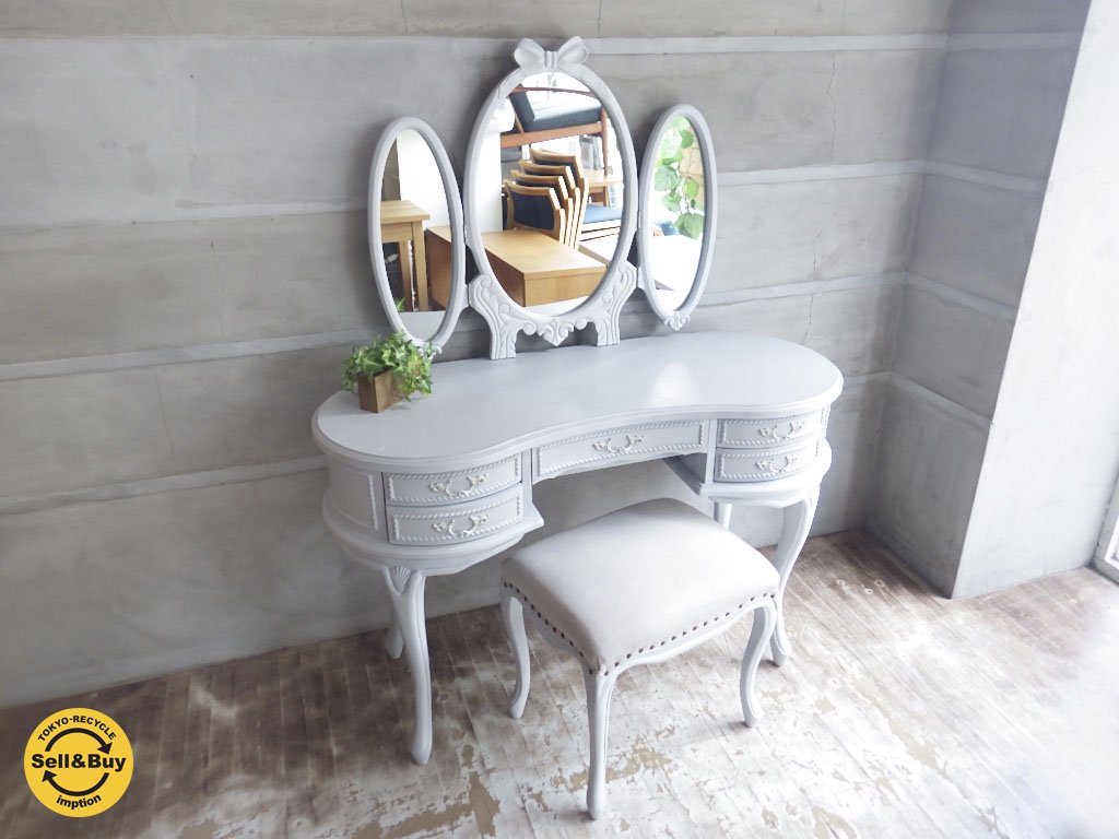 シャビーシック ホワイト ドレッサー フレンチ収納家具 椅子付き 鏡台 