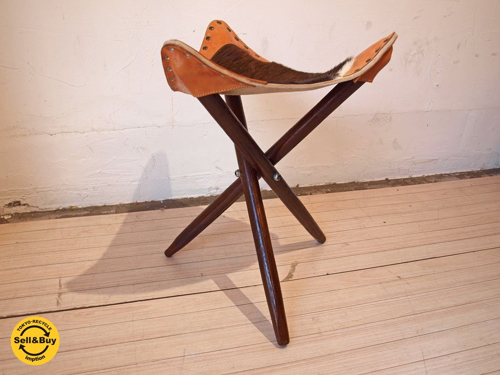 ハンティングチェア Hunting chair スツール 木製 三本脚 ハラコ 