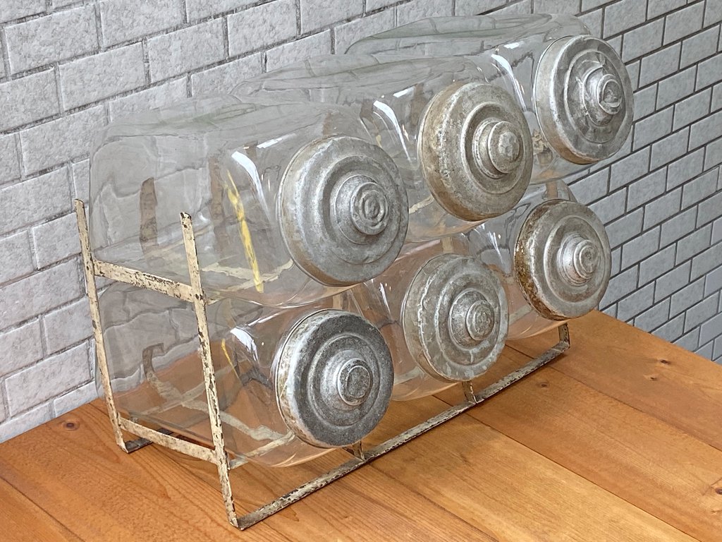 昭和レトロ 駄菓子瓶 キャニスター 6連 古ガラス×アルミ蓋 ビンテージ 