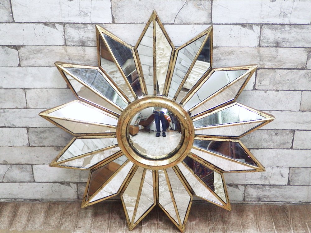ビンテージスタイル サンバースト ウォールミラー 鏡 ゴールド W67cm