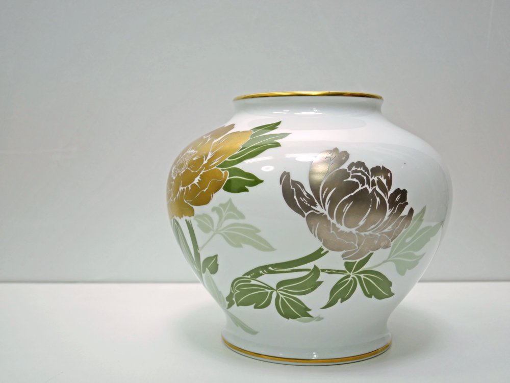大倉陶園 OKURA 金銀彩牡丹 花瓶 フラワーベース 花器 壺 白磁 