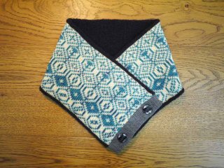 紀編物製作 ハンドメイド ニット編み工房 ボタン付きえりまき 菱と六角 緑 新品 ●
