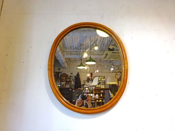 ビンテージ ラタン ウォールミラー 楕円 ラウンド型 壁掛け 鏡 