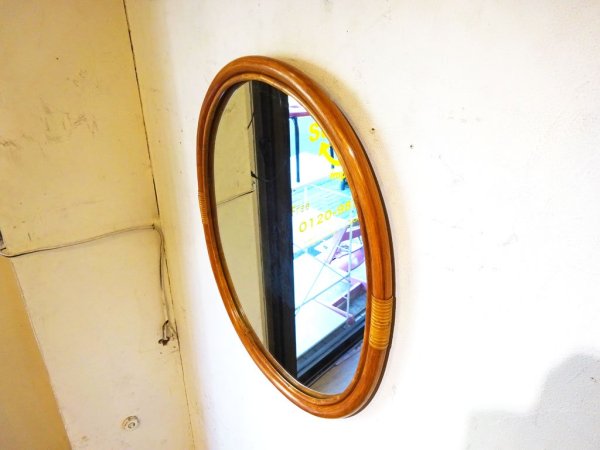 ビンテージ ラタン ウォールミラー 楕円 ラウンド型 壁掛け 鏡 