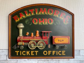 ボルチモア＆オハイオ鉄道 Baltimore & Ohio Railroad 木製 × パルプ材 サインボード 看板 81×69cm 機関車 店舗什器 ビンテージスタイル ●