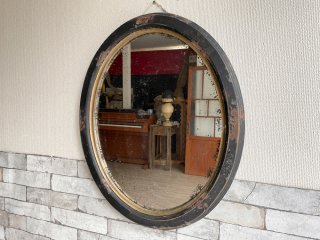 ビンテージ ウォールミラー 壁掛け鏡 オーバル ブラック ゴールド シャビーペイント 店舗什器 ●