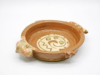 吉川千香子 動物レリーフ 手付碗 キャセロール 直径20.5cm 陶芸家 現代作家 ● 