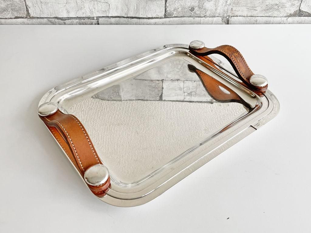 エルメス HERMES サービングトレイ レザー取手付き シルバー 銀メッキ テーブルウェア W28cm フランス made in
